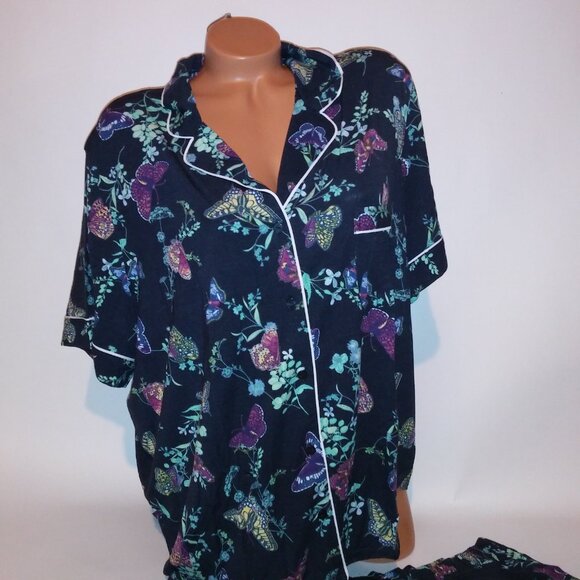 Victoria Secret Pajama Set Top & Bottom XXL 2X Modal Navy Blue Butterfly Garden - Picture 5 of 12
